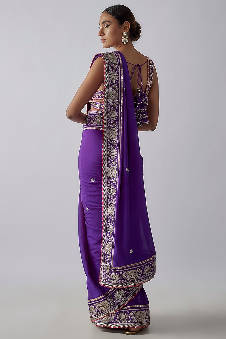 Purple Georgette Embroidered Wedding Saree Set by GOPI VAID at Pernia's Pop Up Shop