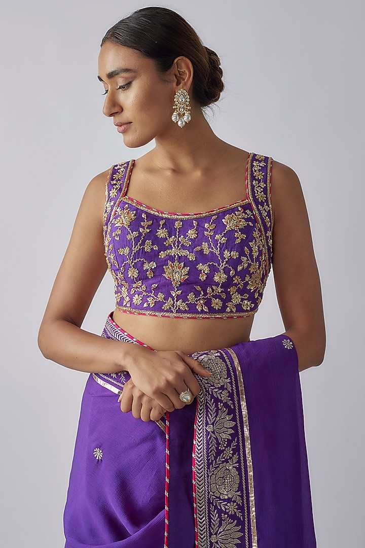 Purple Georgette Embroidered Wedding Saree Set by GOPI VAID at Pernia's Pop Up Shop