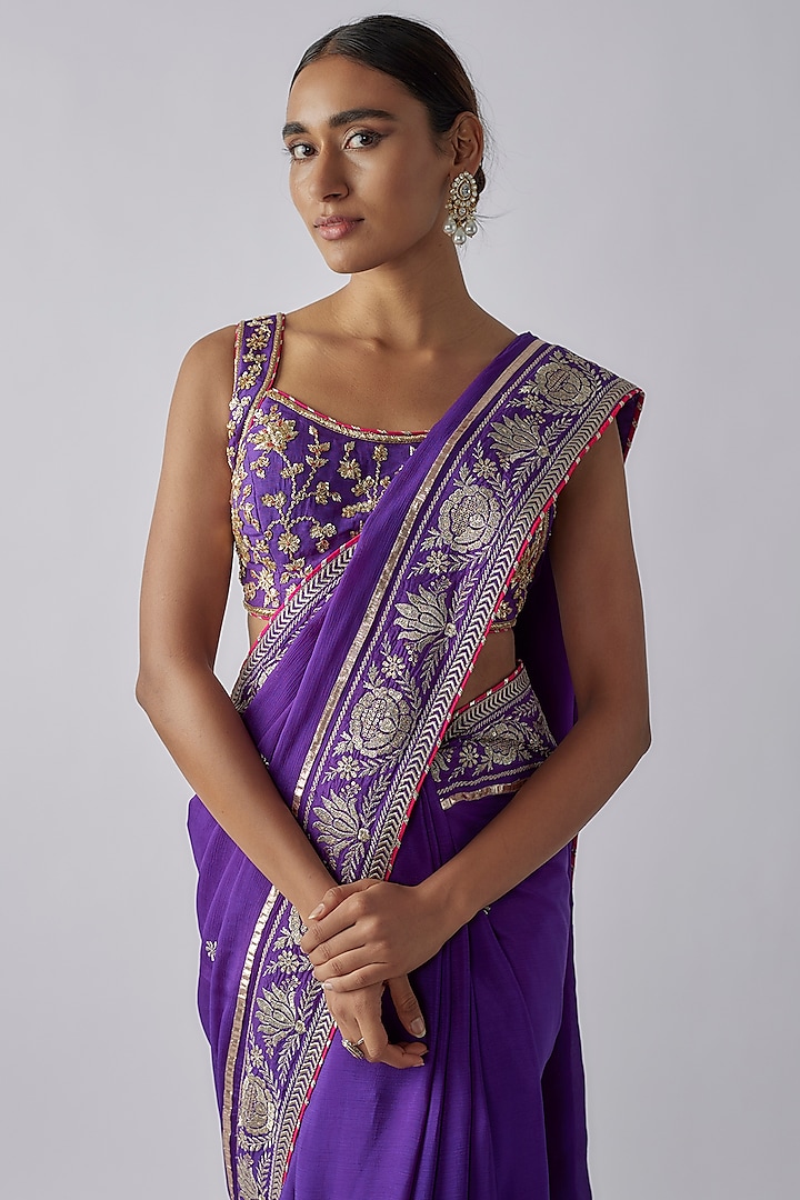 Purple Georgette Embroidered Wedding Saree Set by GOPI VAID at Pernia's Pop Up Shop