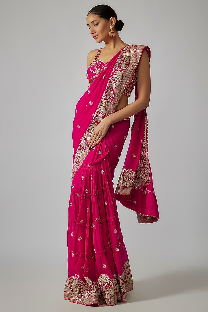 Pink Georgette Gold Embroidered Pre-Draped Saree Set by Gopi Vaid