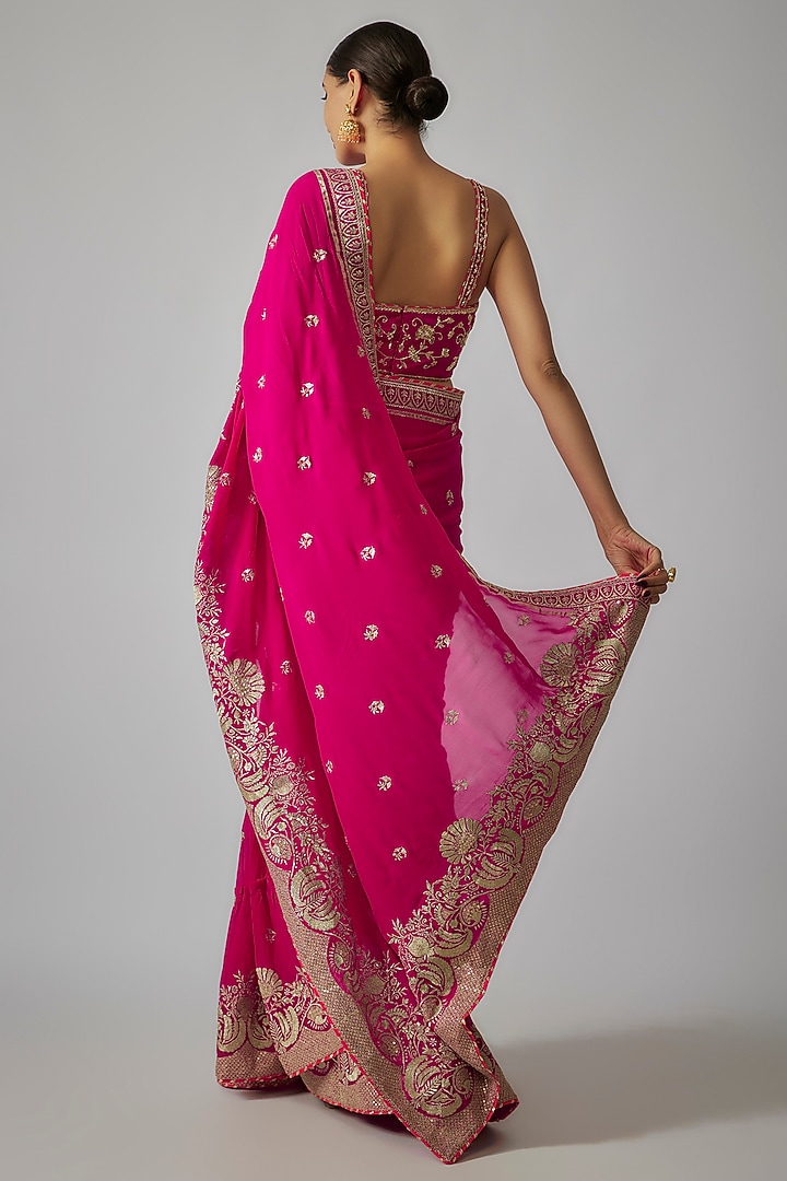 Pink Georgette Gold Embroidered Pre-Draped Wedding Saree Set by Gopi Vaid at Pernia's Pop Up Shop