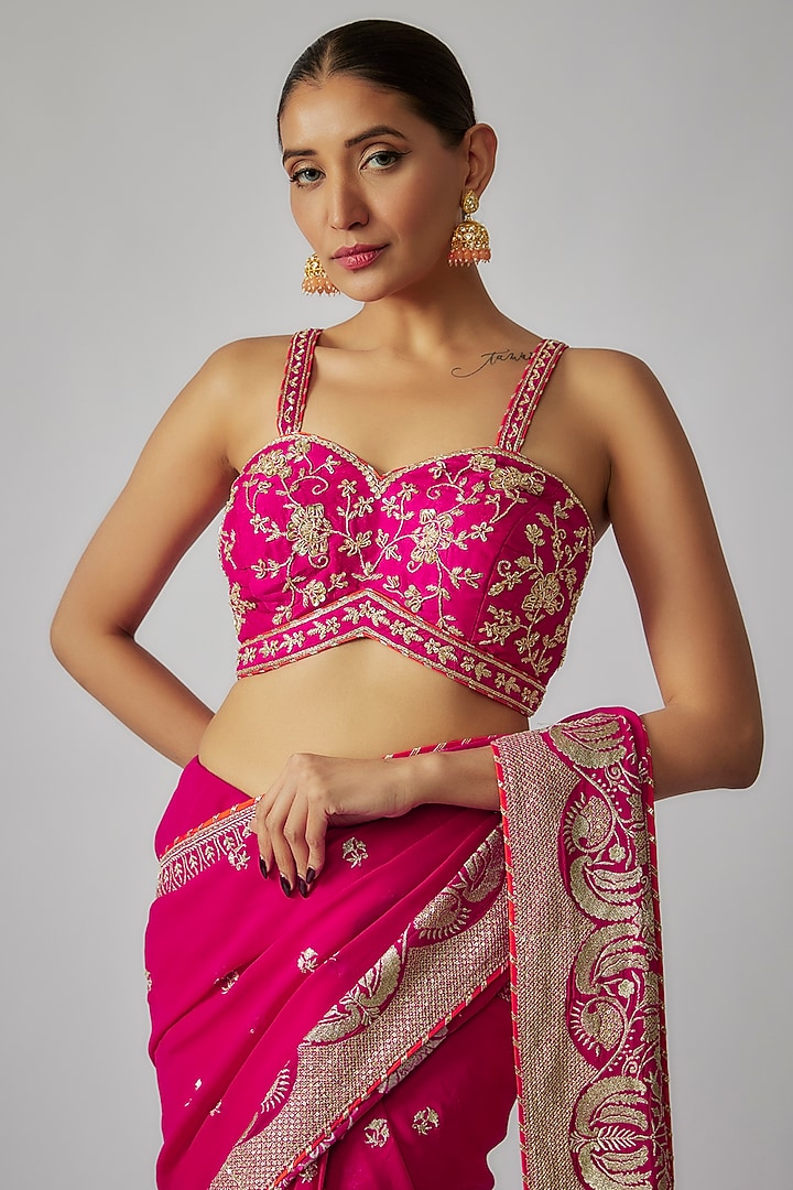 Pink Georgette Gold Embroidered Pre-Draped Wedding Saree Set by Gopi Vaid at Pernia's Pop Up Shop