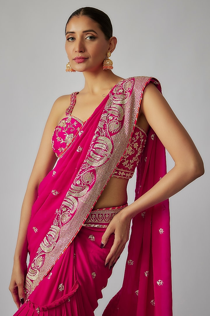 Pink Georgette Gold Embroidered Pre-Draped Wedding Saree Set by Gopi Vaid at Pernia's Pop Up Shop