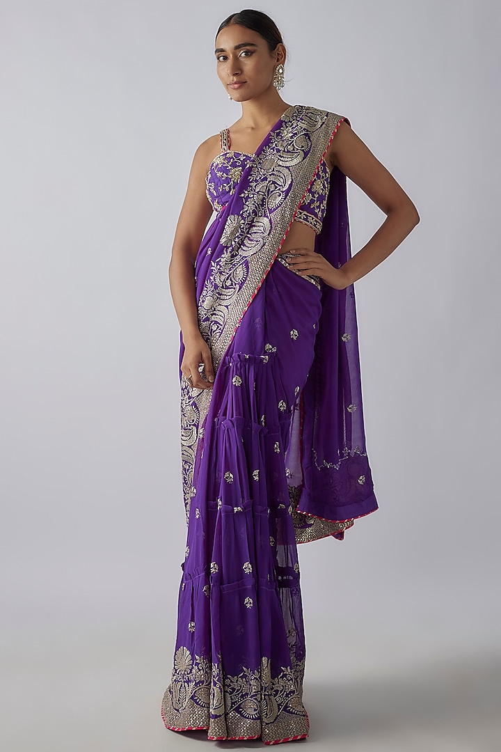 Purple Georgette Embroidered Draped Saree Set Design by GOPI VAID at ...