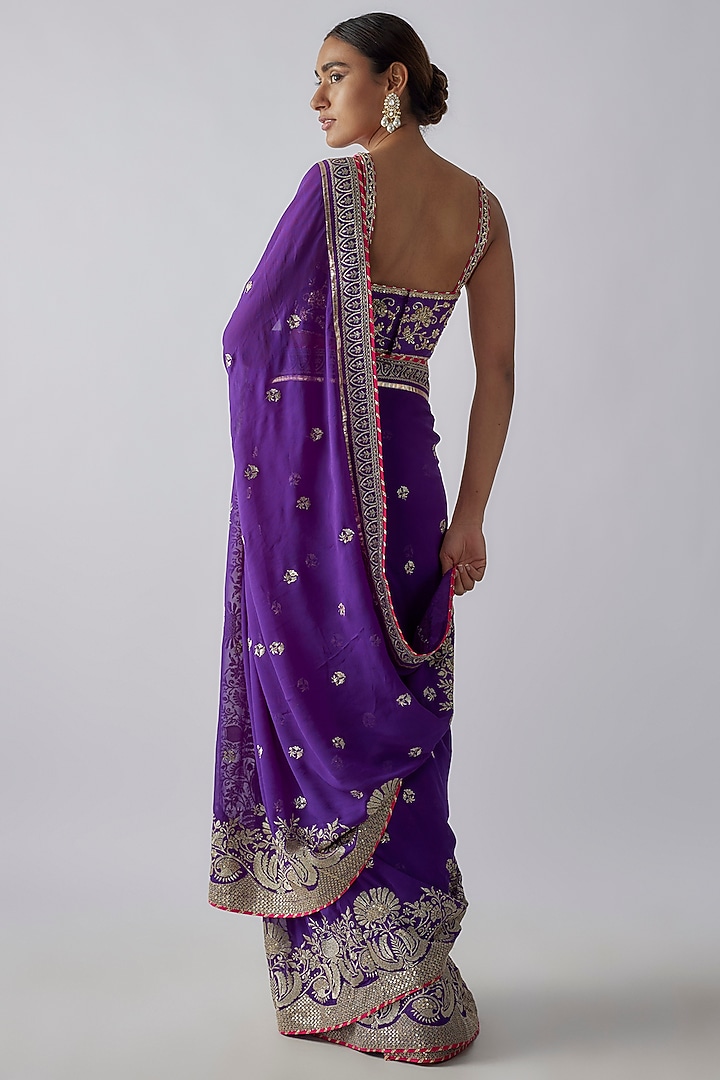 Purple Georgette Embroidered Draped Wedding Saree Set by GOPI VAID at Pernia's Pop Up Shop