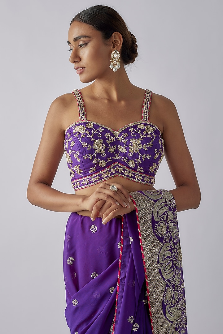 Purple Georgette Embroidered Draped Wedding Saree Set by GOPI VAID at Pernia's Pop Up Shop