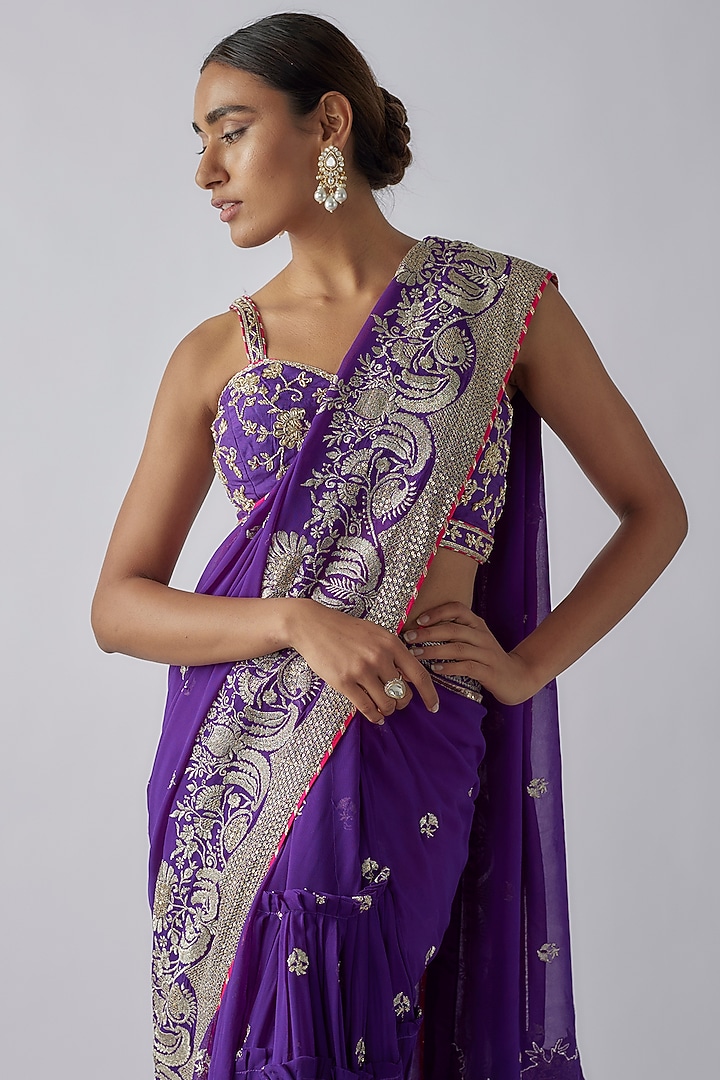Purple Georgette Embroidered Draped Wedding Saree Set by GOPI VAID at Pernia's Pop Up Shop