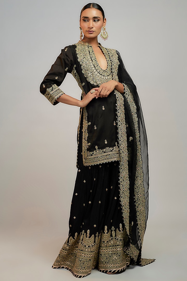 Black Tussar Marodi Embroidered Wedding Sharara Set by GOPI VAID at Pernia's Pop Up Shop
