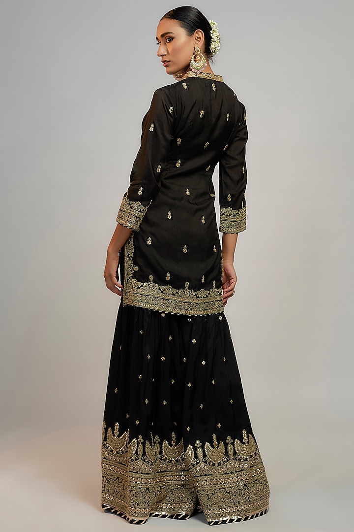 Black Tussar Marodi Embroidered Wedding Sharara Set by GOPI VAID at Pernia's Pop Up Shop