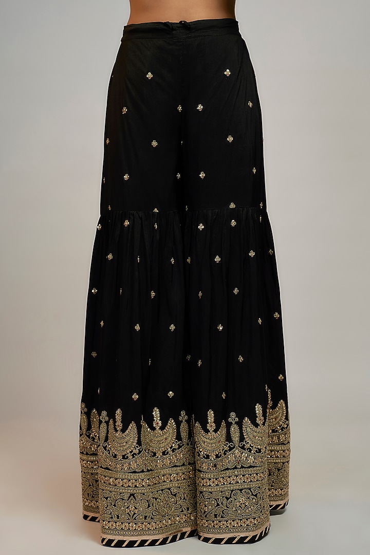Black Tussar Marodi Embroidered Wedding Sharara Set by GOPI VAID at Pernia's Pop Up Shop