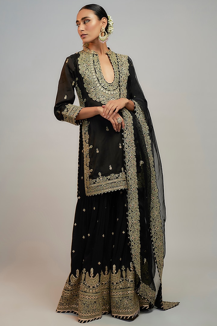 Black Tussar Marodi Embroidered Wedding Sharara Set by GOPI VAID at Pernia's Pop Up Shop