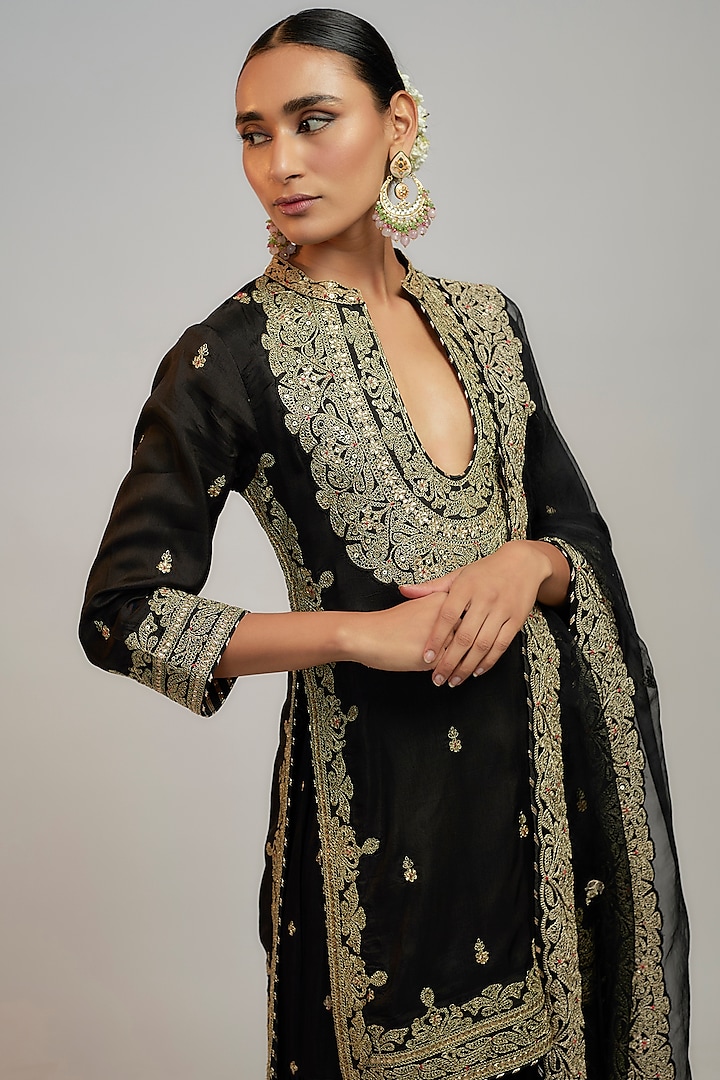 Black Tussar Marodi Embroidered Wedding Sharara Set by GOPI VAID at Pernia's Pop Up Shop