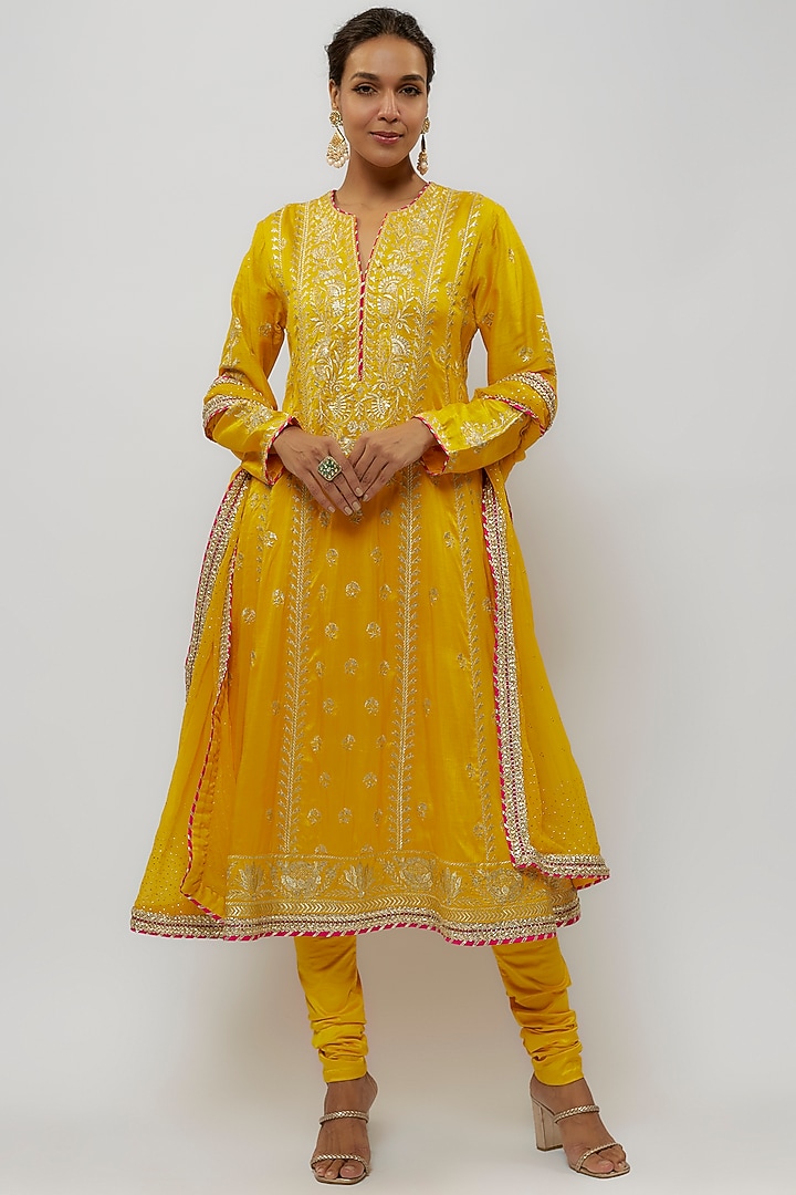 Yellow Tussar Wedding Anarkali Set by GOPI VAID at Pernia's Pop Up Shop