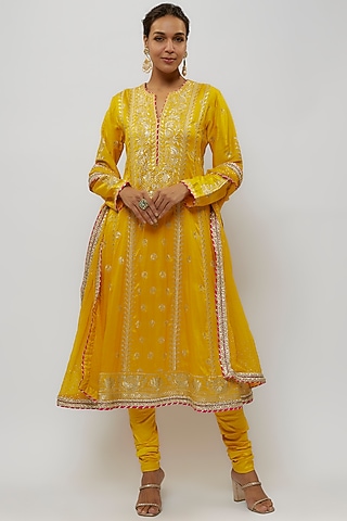Yellow Tussar Anarkali Set by GOPI VAID