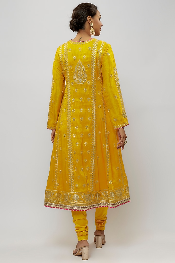 Yellow Tussar Wedding Anarkali Set by GOPI VAID at Pernia's Pop Up Shop