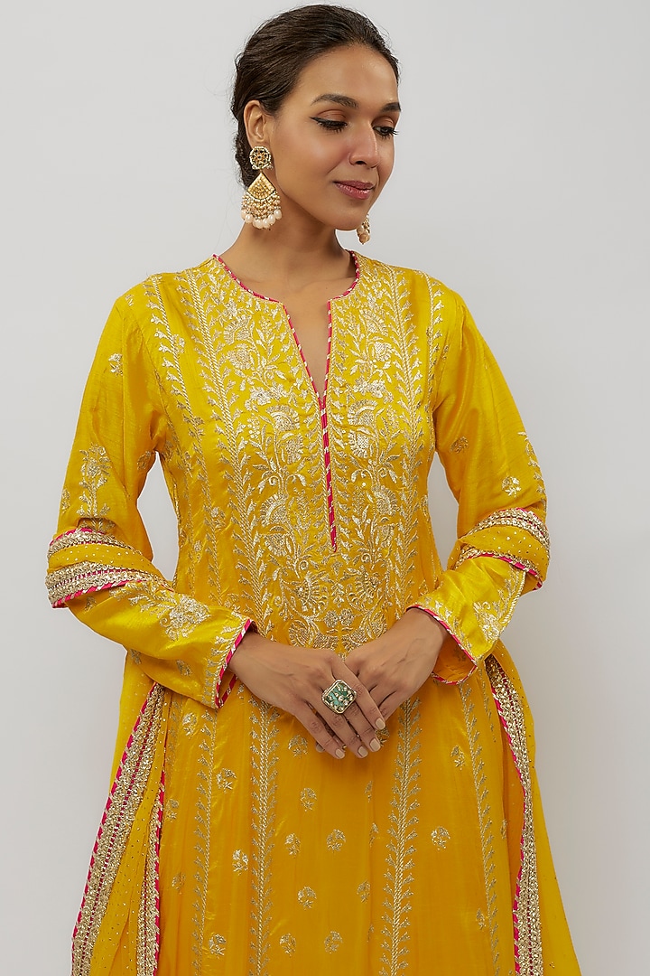 Yellow Tussar Wedding Anarkali Set by GOPI VAID at Pernia's Pop Up Shop