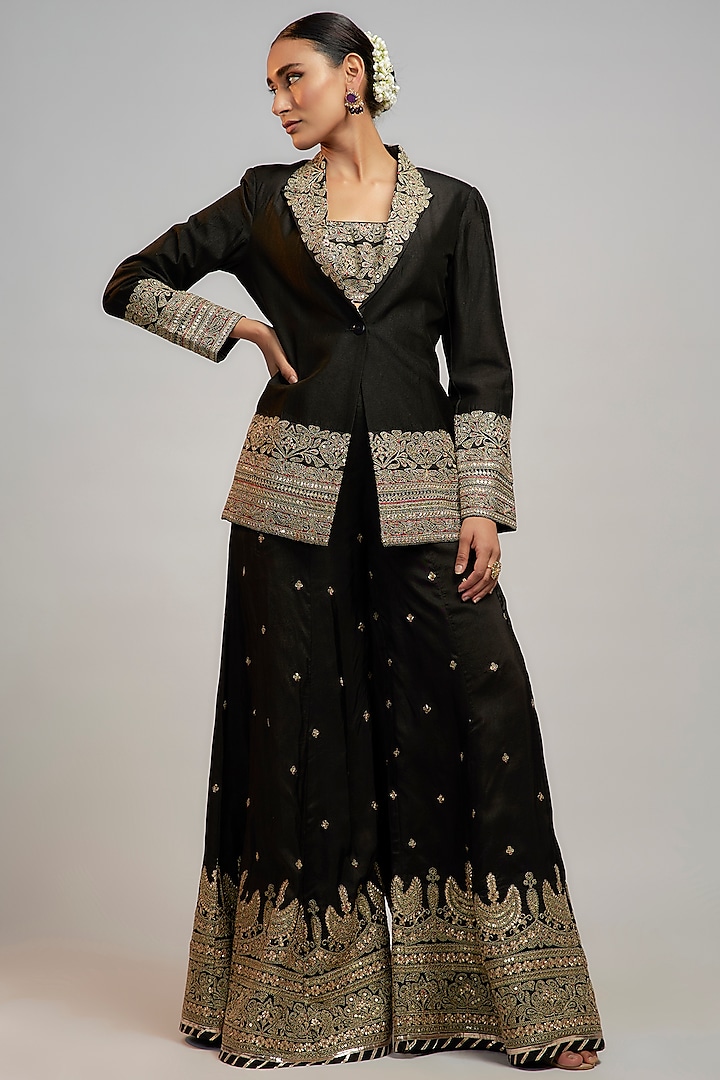 Black Tussar Hand & Machine Embroidered Sharara Set by GOPI VAID