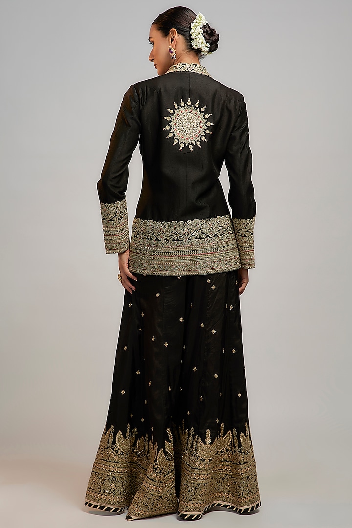 Black Tussar Hand & Machine Embroidered Wedding Sharara Set by GOPI VAID at Pernia's Pop Up Shop