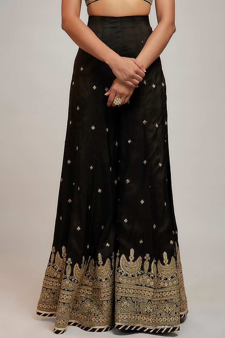 Black Tussar Hand & Machine Embroidered Wedding Sharara Set by GOPI VAID at Pernia's Pop Up Shop