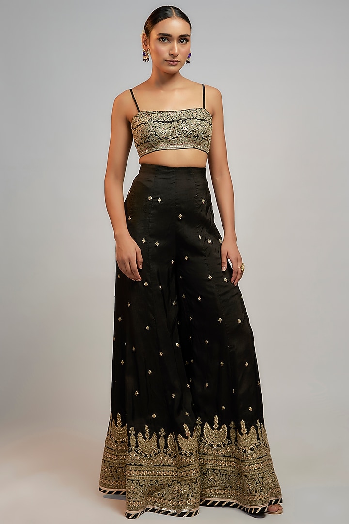 Black Tussar Hand & Machine Embroidered Wedding Sharara Set by GOPI VAID at Pernia's Pop Up Shop