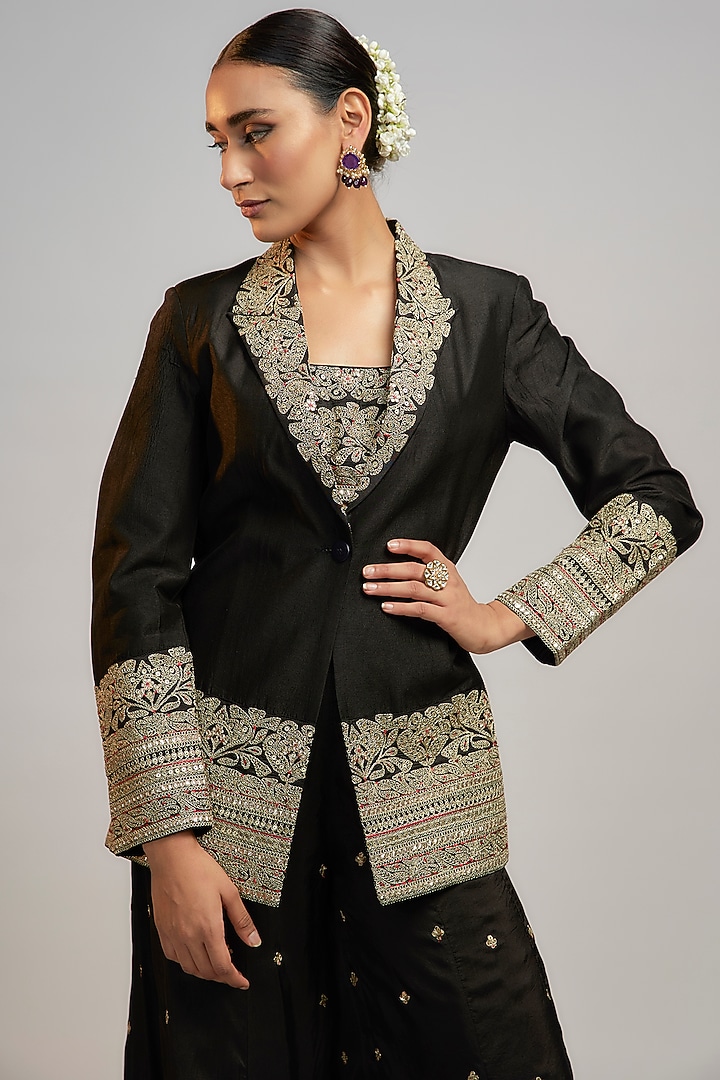 Black Tussar Hand & Machine Embroidered Wedding Sharara Set by GOPI VAID at Pernia's Pop Up Shop