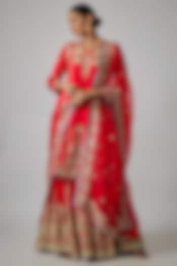 Red Tussar Embroidered Sharara Set by Gopi Vaid