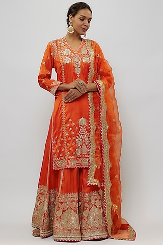 Orange Tussar Embroidered Sharara Set by gopi vaid