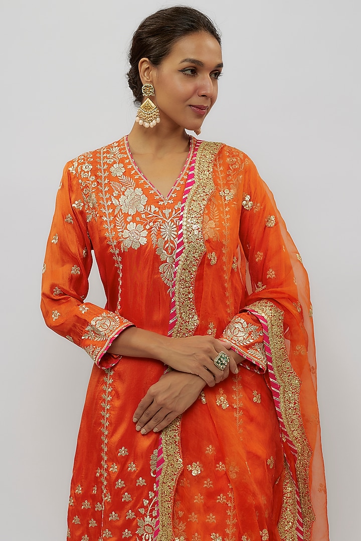 Orange Tussar Embroidered Wedding Sharara Set by GOPI VAID at Pernia's Pop Up Shop