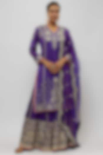 Purple Tussar Embroidered Wedding Sharara Set by GOPI VAID at Pernia's Pop Up Shop