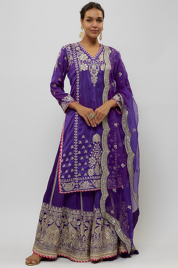 Purple Tussar Embroidered Wedding Sharara Set by GOPI VAID at Pernia's Pop Up Shop