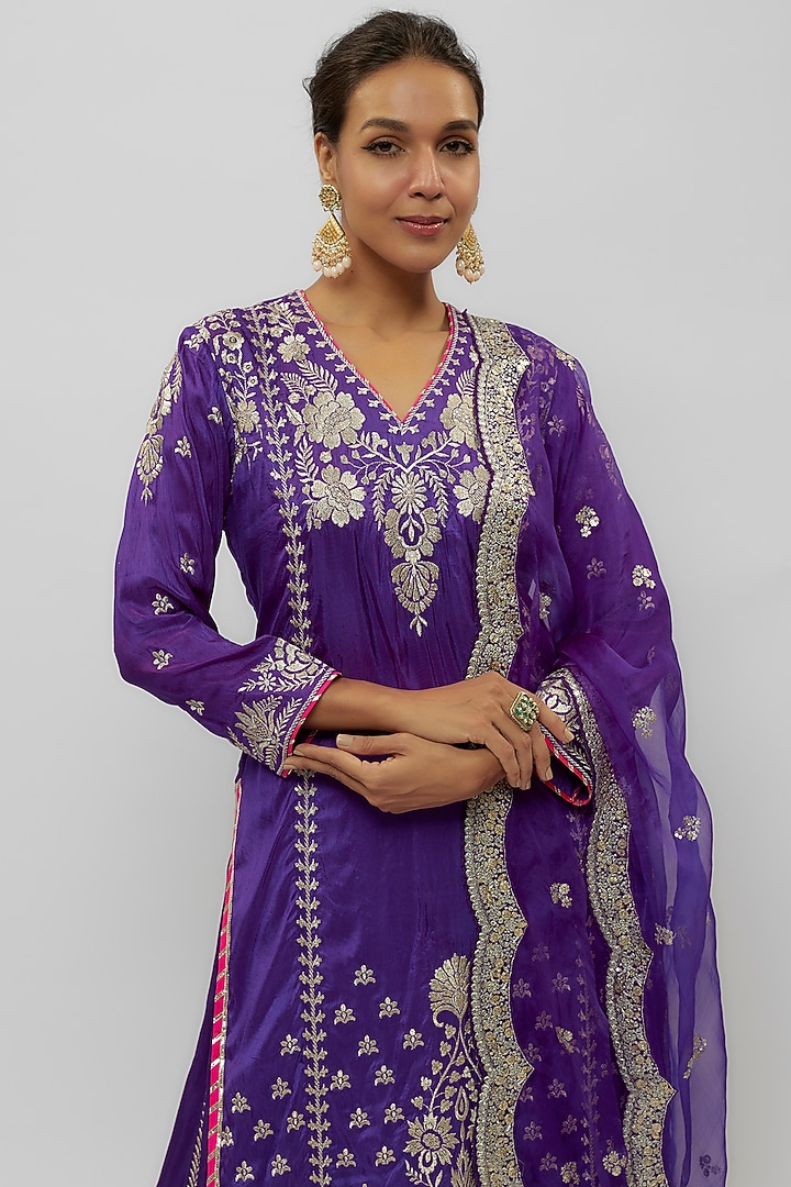 Purple Tussar Embroidered Wedding Sharara Set by GOPI VAID at Pernia's Pop Up Shop