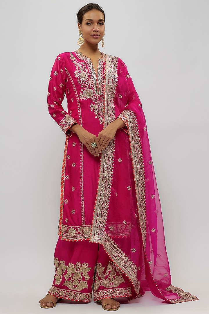 Pink Tussar Motif Embroidered Palazzo Pant Set by GOPI VAID at Pernia's Pop Up Shop