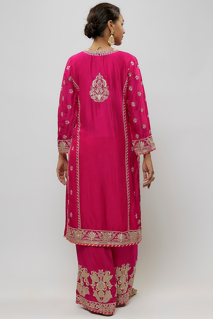 Pink Tussar Motif Embroidered Palazzo Pant Set by GOPI VAID at Pernia's Pop Up Shop