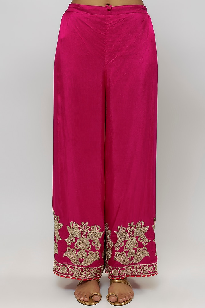 Pink Tussar Motif Embroidered Palazzo Pant Set by GOPI VAID at Pernia's Pop Up Shop