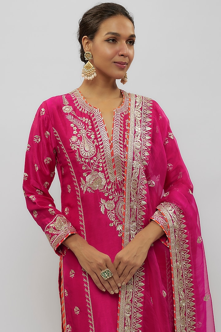 Pink Tussar Motif Embroidered Palazzo Pant Set by GOPI VAID at Pernia's Pop Up Shop