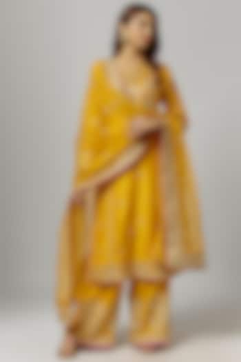 Yellow Tussar Kasab Embroidered Kurta Set by GOPI VAID