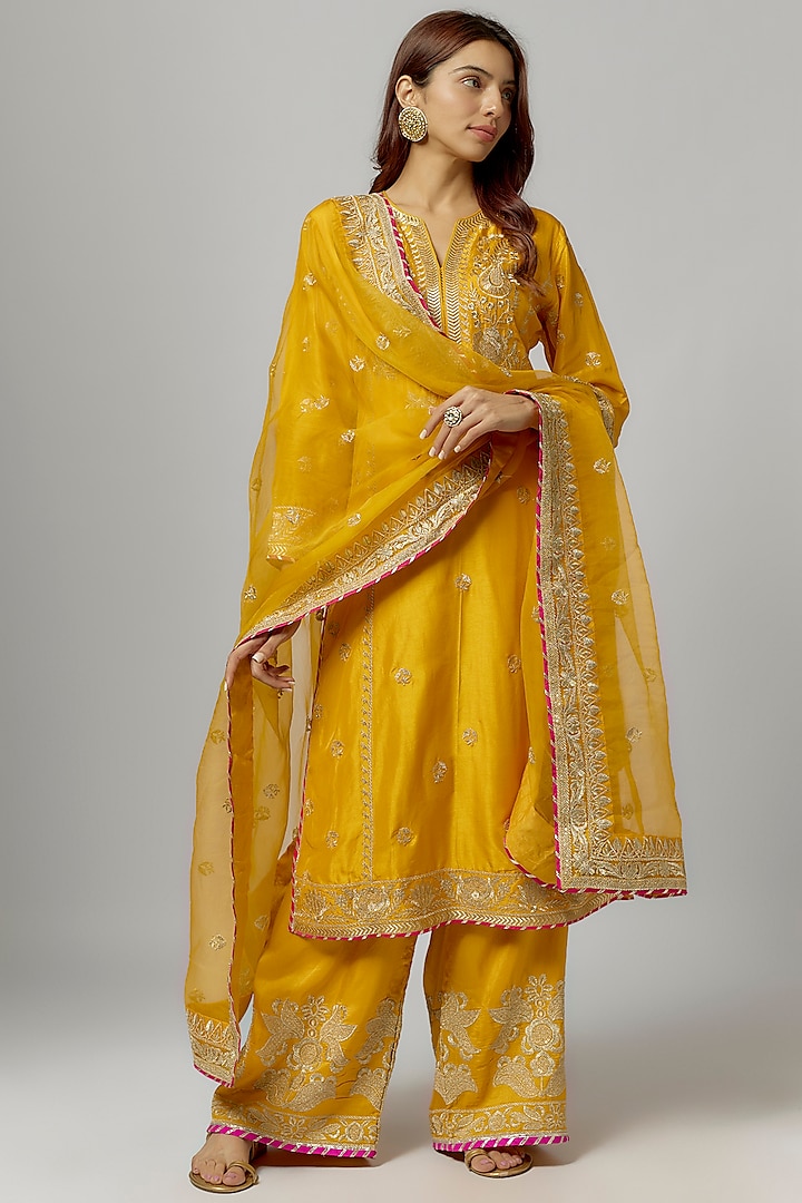 Yellow Tussar Kasab Embroidered Kurta Set by GOPI VAID