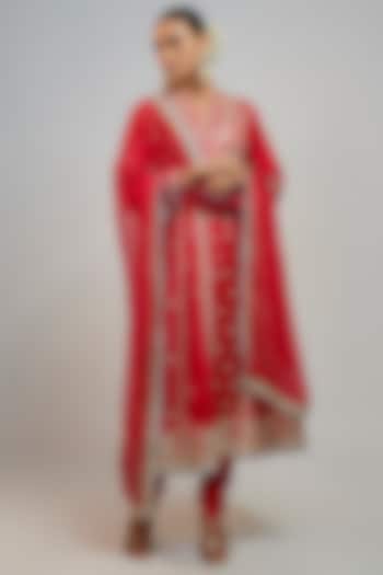 Red Tussar Hand & Machine Embroidered Anarkali Set by GOPI VAID