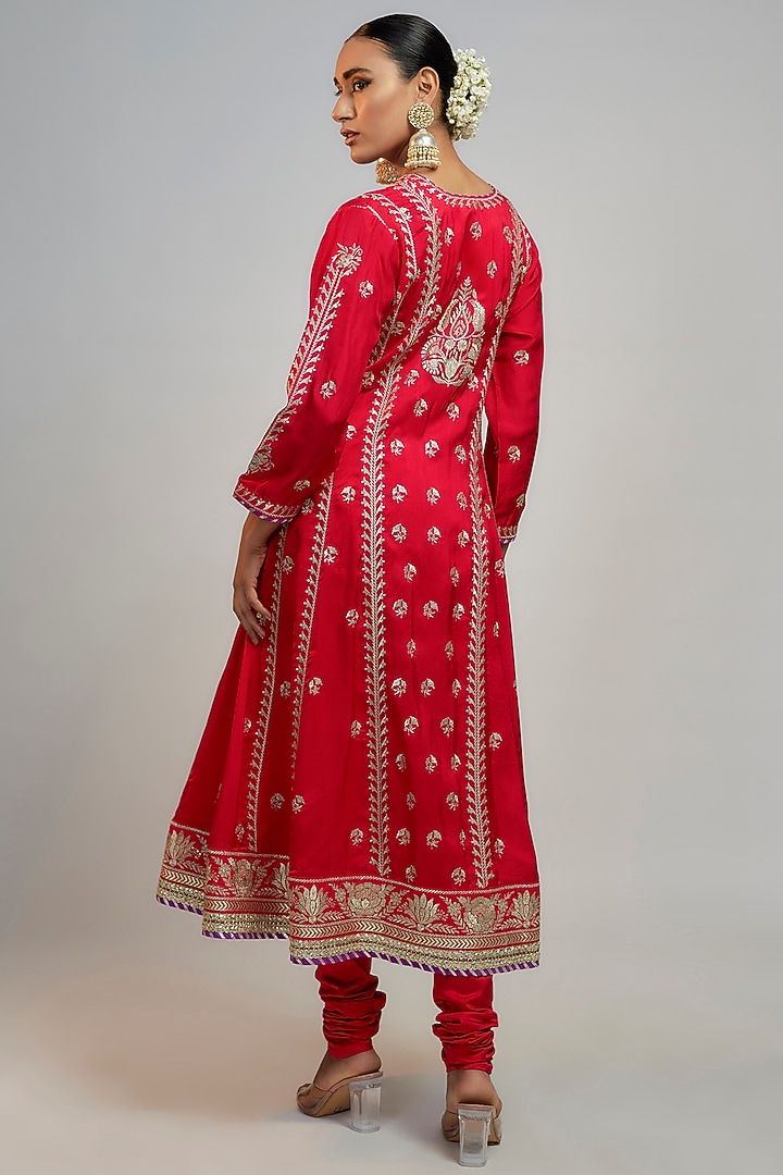 Red Tussar Hand & Machine Embroidered Wedding Anarkali Set by GOPI VAID at Pernia's Pop Up Shop