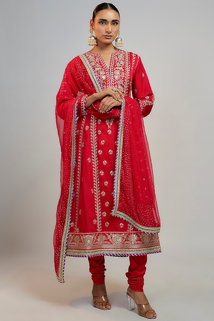 Red Tussar Hand & Machine Embroidered Wedding Anarkali Set by GOPI VAID at Pernia's Pop Up Shop
