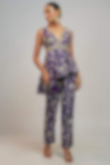 Purple Tussar Silver Foil Motif Pant Set by GOPI VAID at Pernia's Pop Up Shop