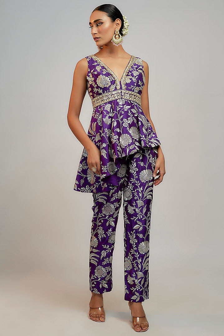 Purple Tussar Silver Foil Motif Pant Set by GOPI VAID at Pernia's Pop Up Shop