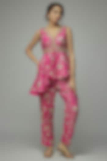 Pink Tussar Floral Boota Work Pant Set by GOPI VAID at Pernia's Pop Up Shop