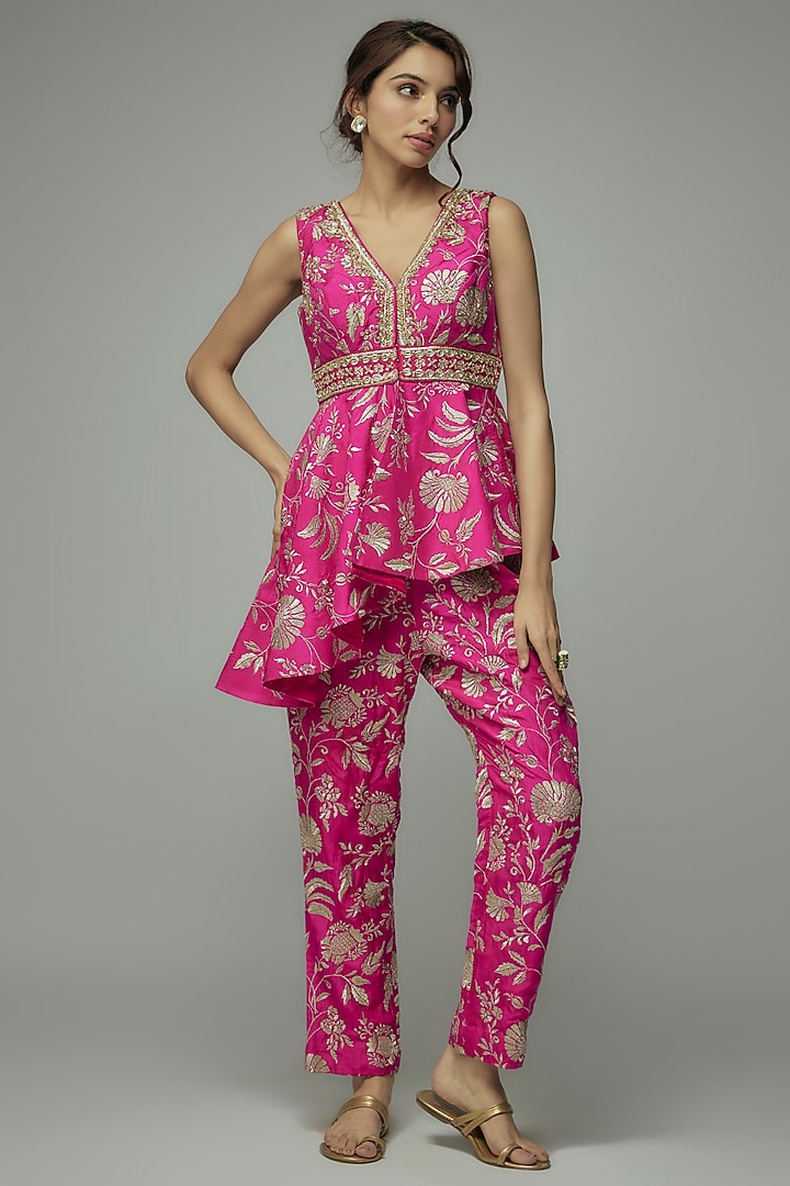 Pink Tussar Floral Boota Work Pant Set by GOPI VAID at Pernia's Pop Up Shop
