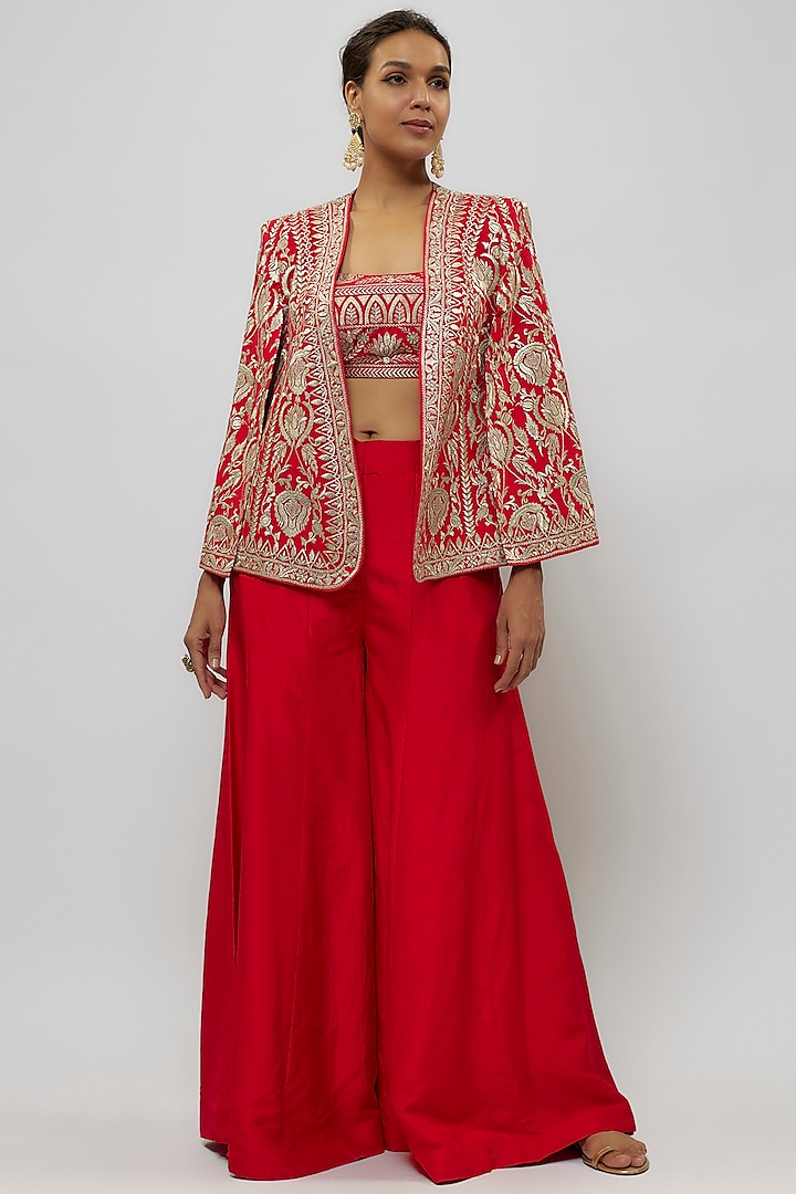 Red Tussar Thread Work Jacket Set by GOPI VAID