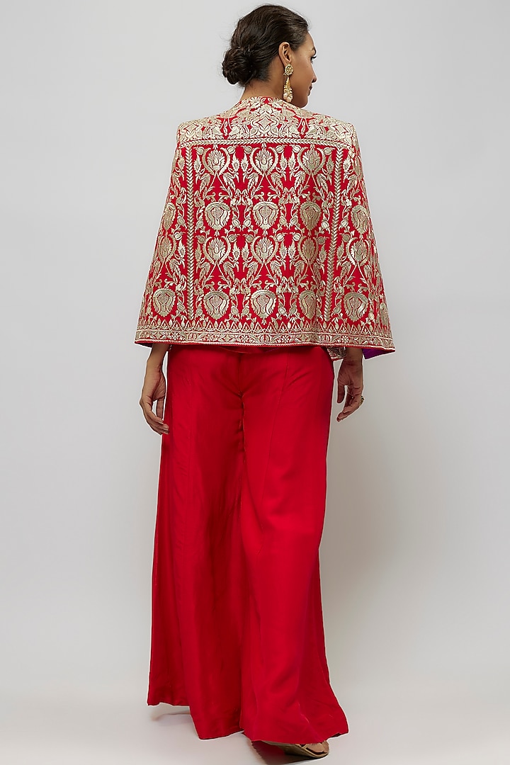 Red Tussar Thread Work Jacket Set by GOPI VAID at Pernia's Pop Up Shop