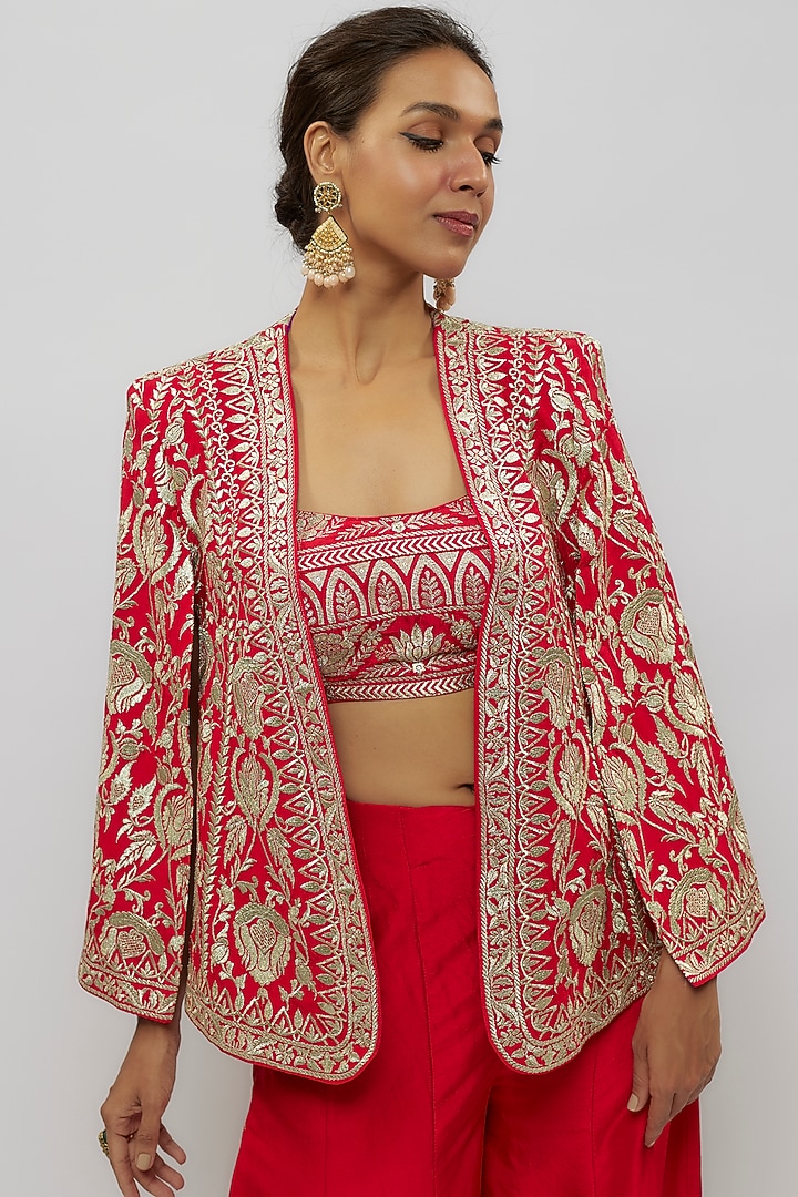 Red Tussar Thread Work Jacket Set by GOPI VAID at Pernia's Pop Up Shop