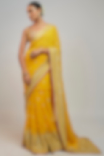 Yellow Georgette Hand & Machine Embroidered Lehenga Saree Set by GOPI VAID at Pernia's Pop Up Shop