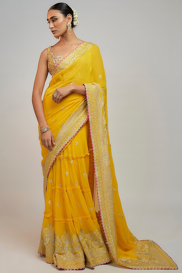 Yellow Georgette Hand & Machine Embroidered Lehenga Saree Set by GOPI VAID at Pernia's Pop Up Shop