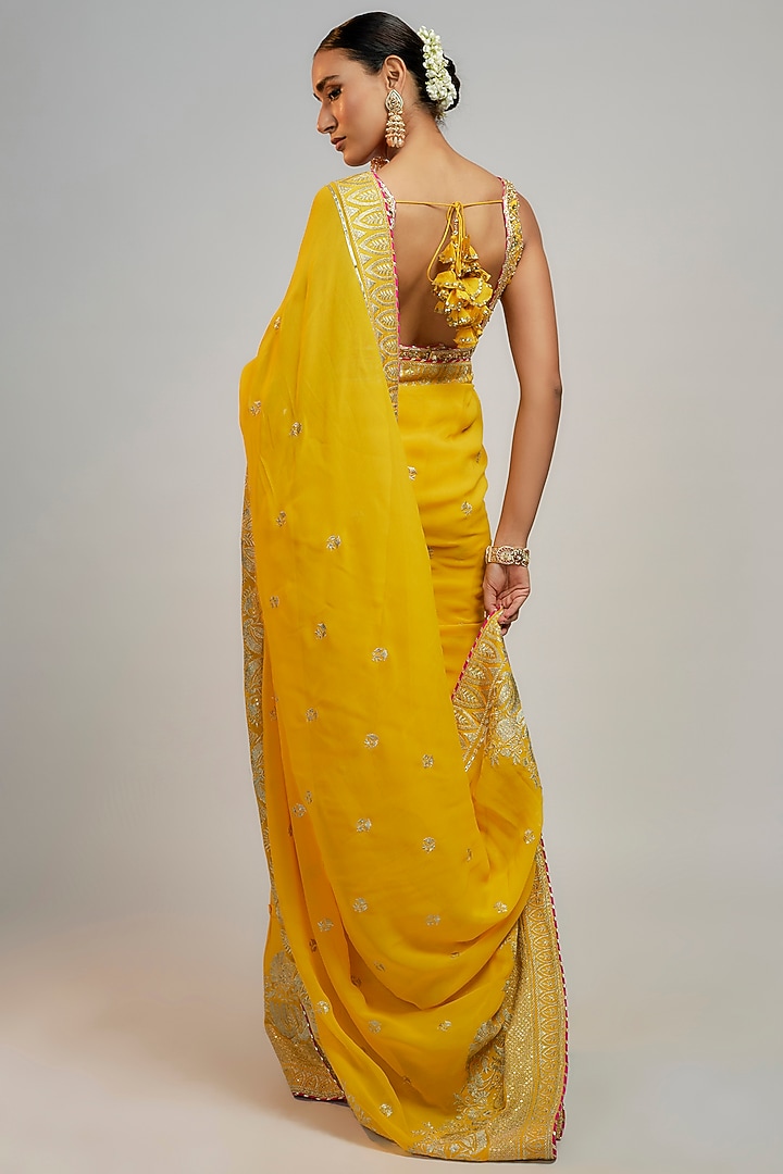 Yellow Georgette Hand & Machine Embroidered Wedding Lehenga Saree Set by GOPI VAID at Pernia's Pop Up Shop